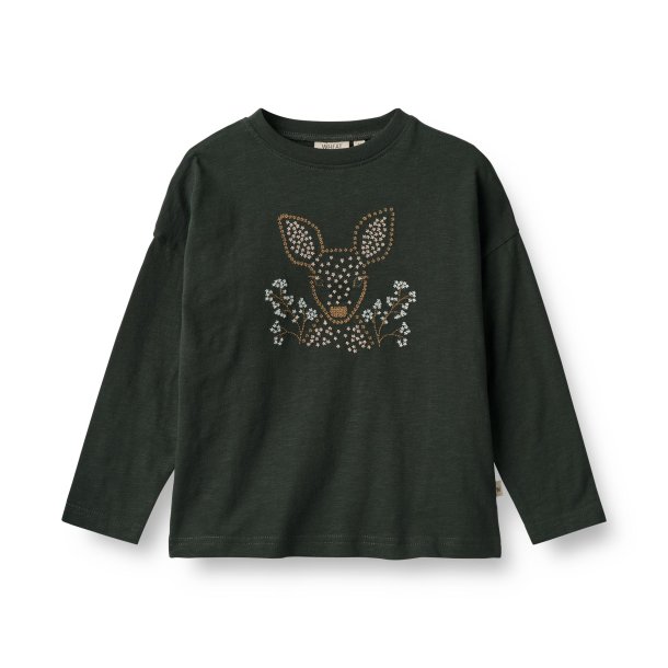 Wheat - T-shirt deer embroidery i black coal